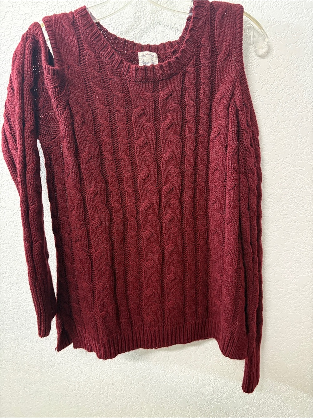 Hippie Rose Cable Knit Crewneck Sweater - Burgundy - Picture 2 of 5